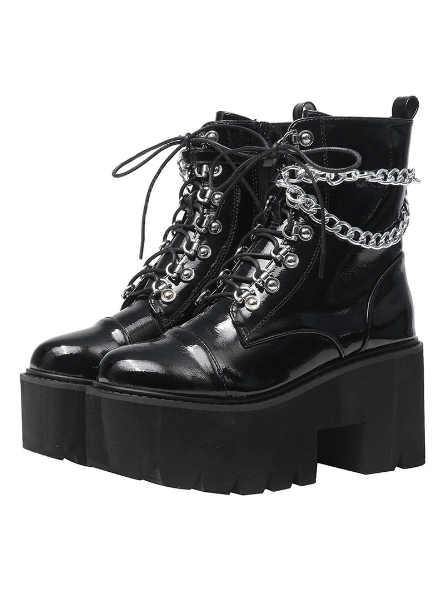 Patent Leather Chain High-heeled Martin Boots