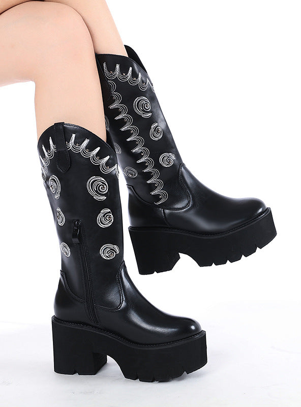 Embroidered Thick Bottom High Barrel Martin Boots