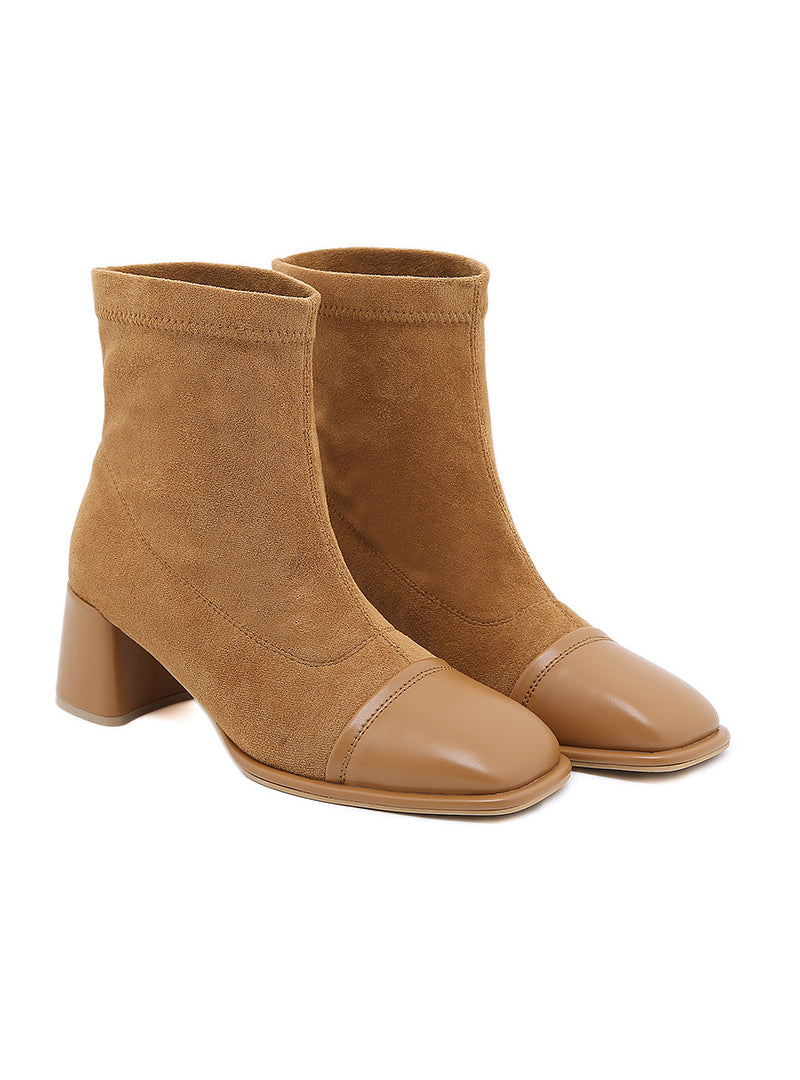 Suede Color Matching Square Head Short Martin Boots