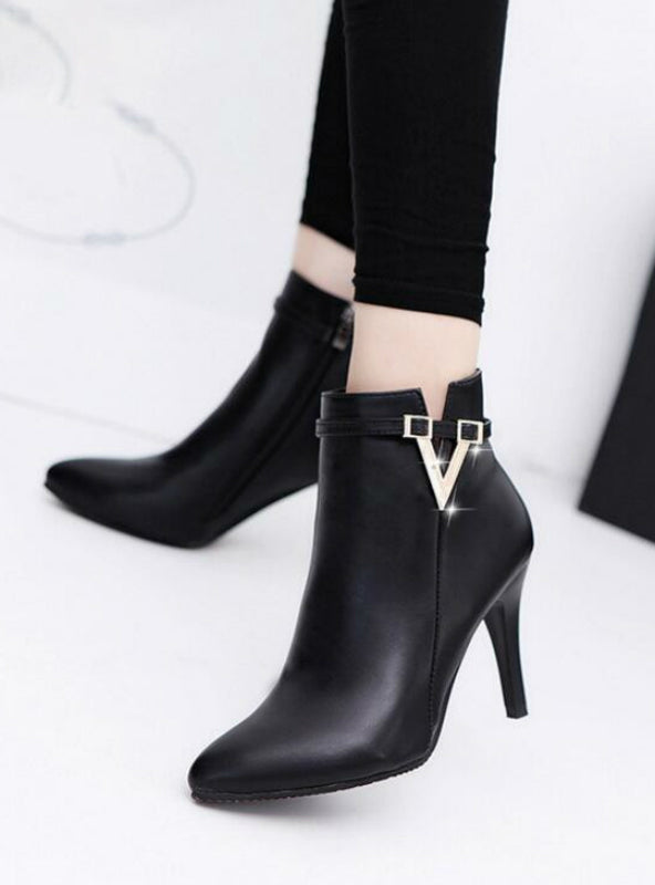 Pointed Toe Faux Leather Zipper Ankle Boots