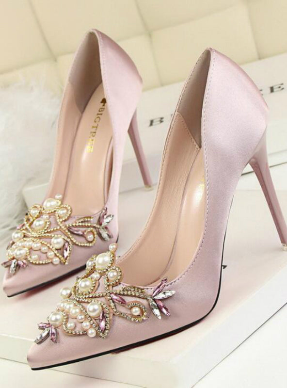 Rhinestone Crystal Shallow Fashion Faux Silk Satin Stiletto