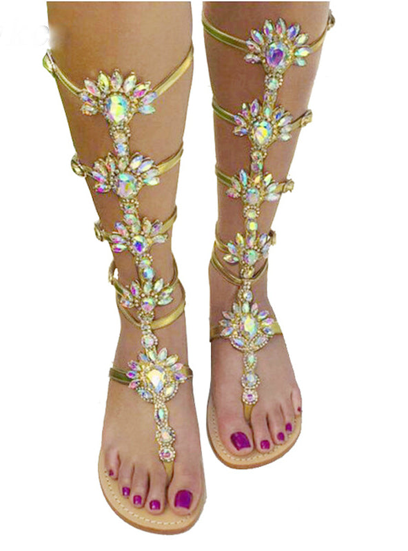 Flats Sandal Gladiator Gold Rhinestone Knee High