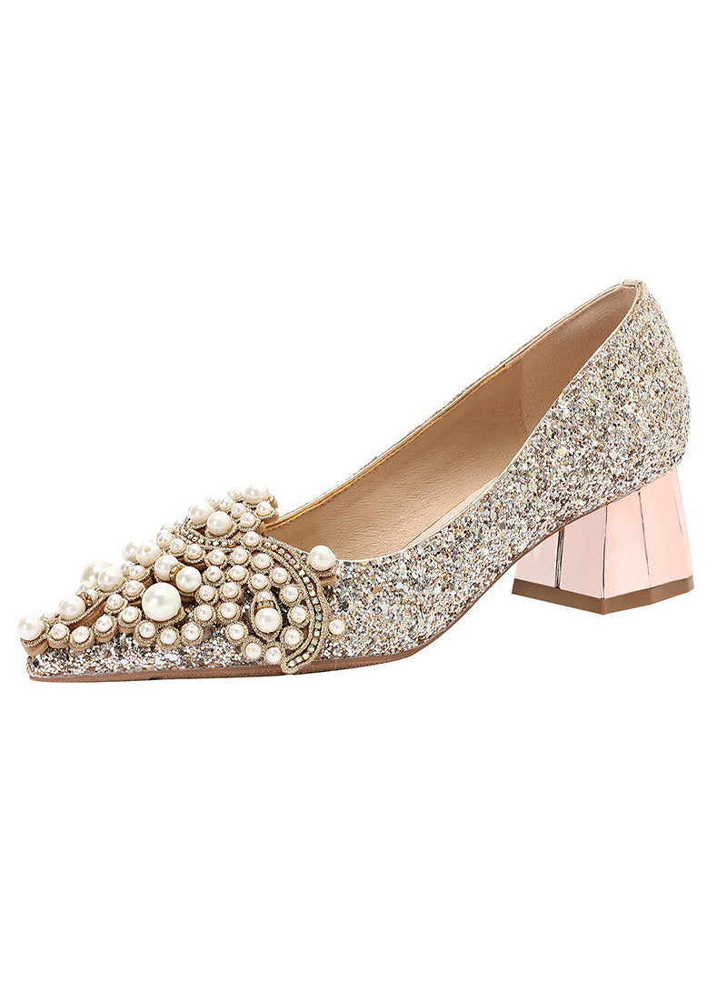 Thick-heeled Pearls Pointed High Heels