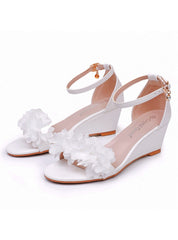 6 cm White Wedge White Flower Fishmouth Sandals