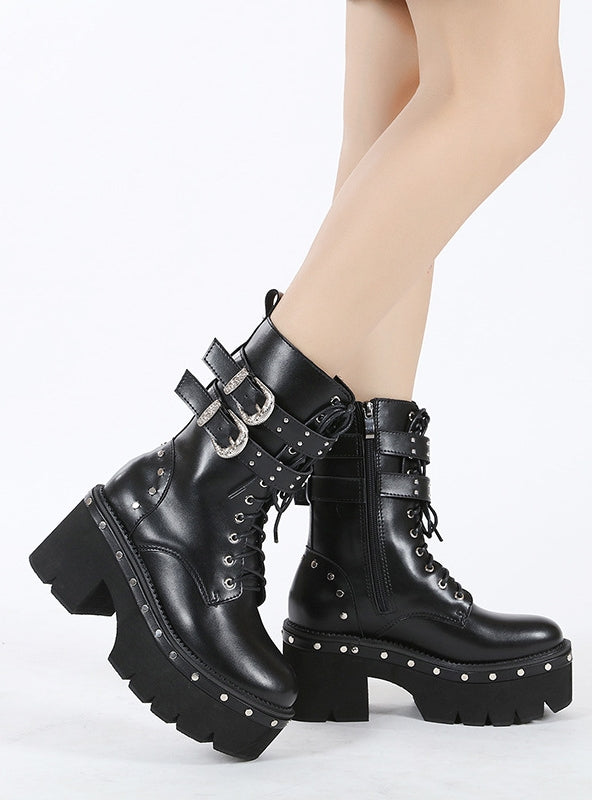 Thick-soled Rivet Belt Buckle Thick-heeled Motorcycle Boots