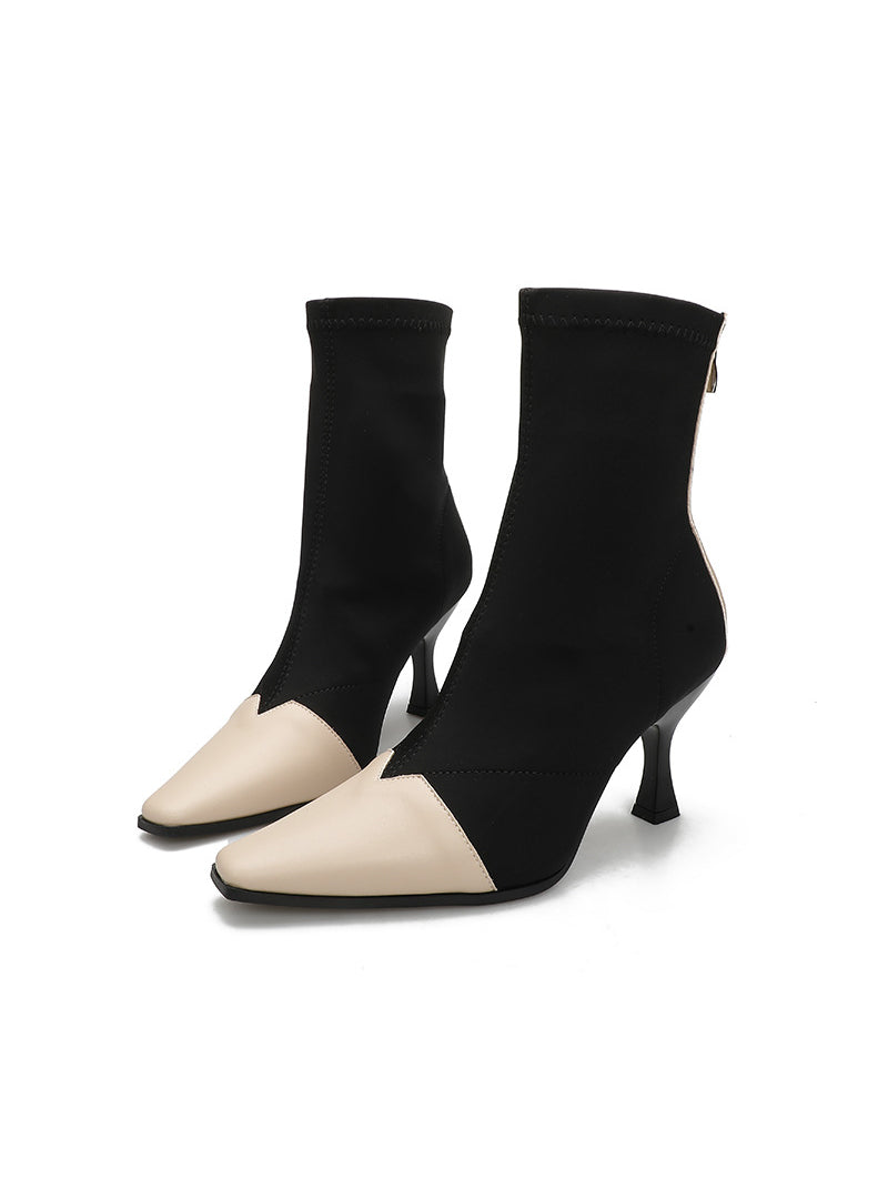 Splicing Square Head Elastic Socks High Heels Booties