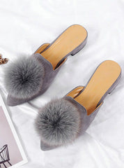 Women Flats Shoes Pompom Faux Fur Pointed Toe