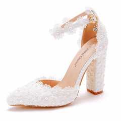 White Lace Pointed Wedding Thick Heels Sandals