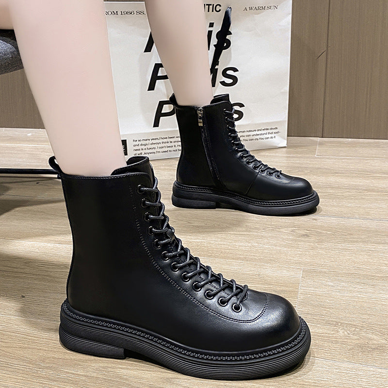 Thick-soled British Style White Skinny Boots