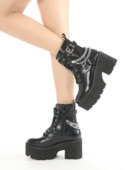 Thick Heel Belt Buckle Metal Chain Martin Boots