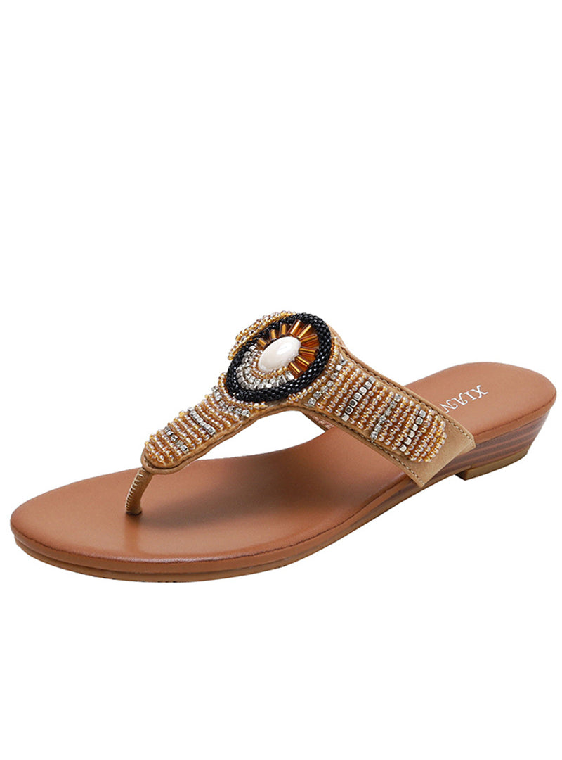 Ethnic Wind Wedge and Rhinestone Beach Slippers