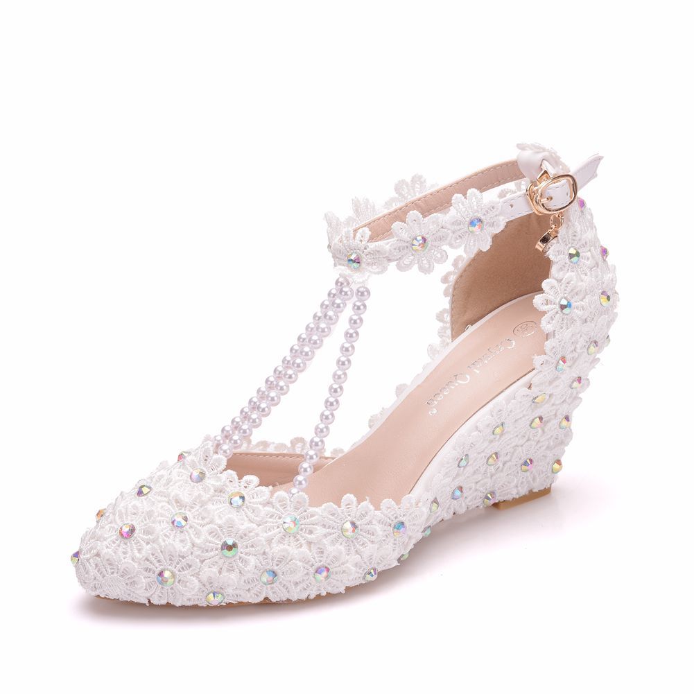 Rhinestone Wedge Lace High Heels Sandals