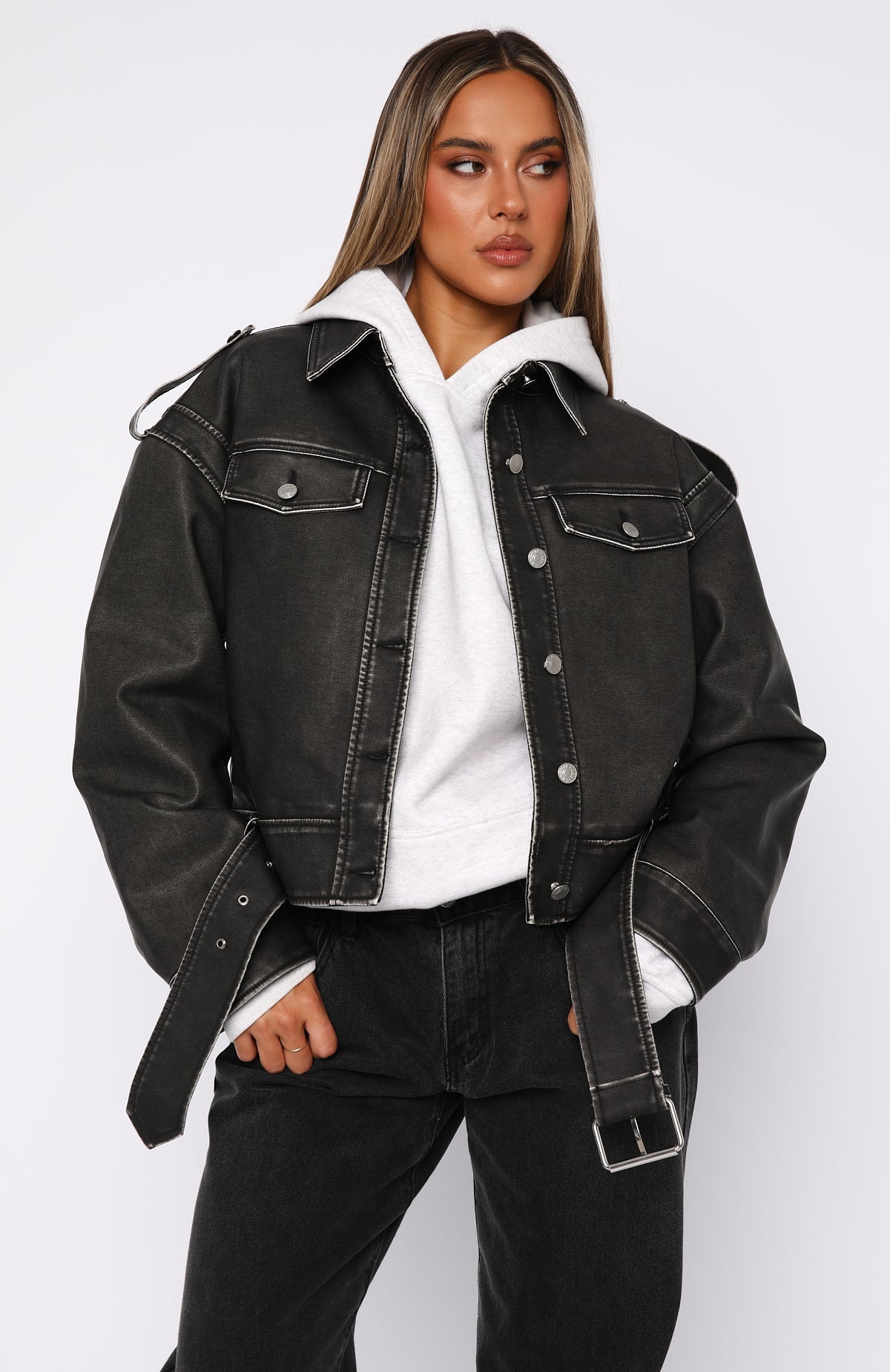 In This World PU Biker Jacket Charcoal Wash