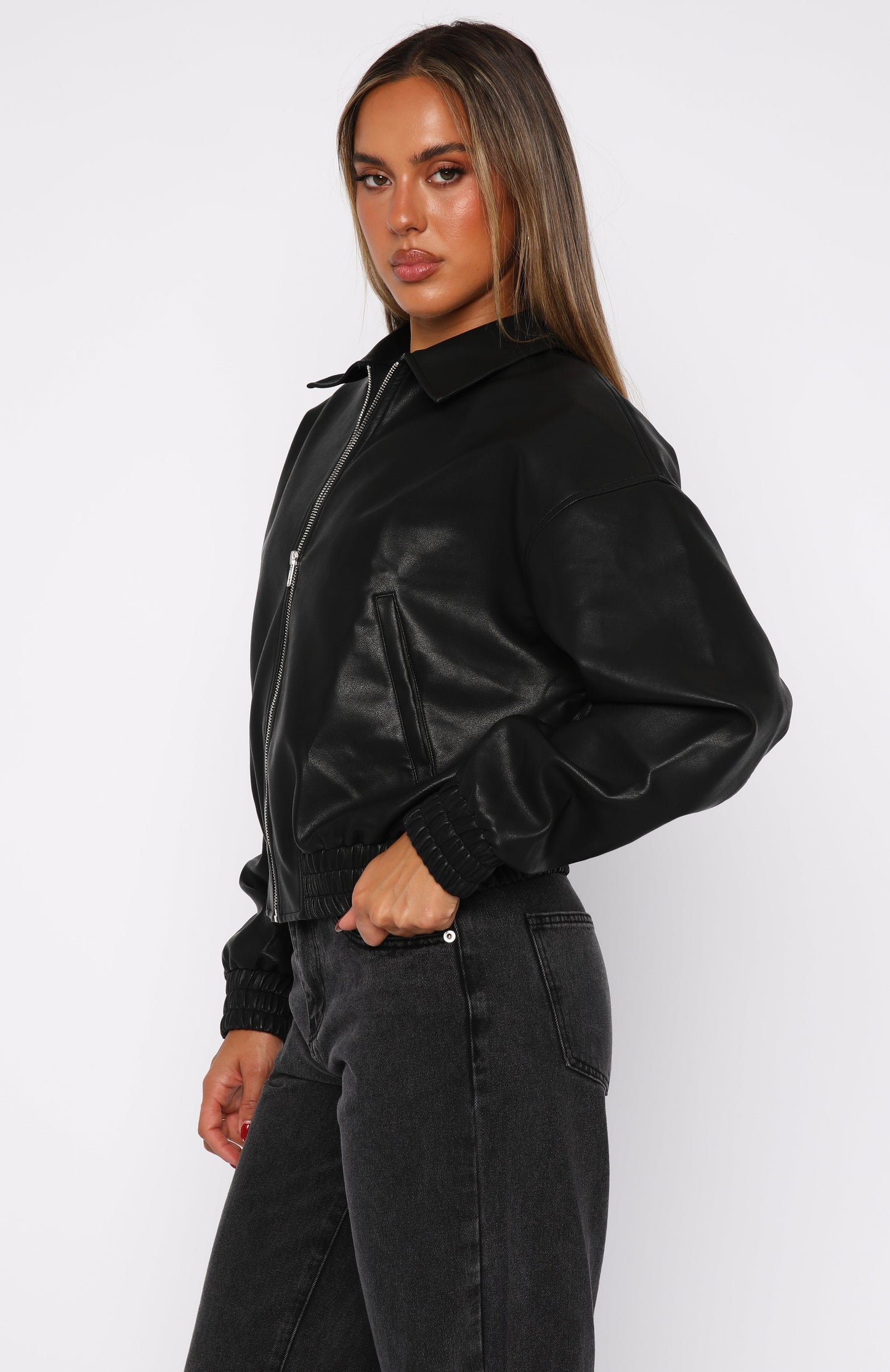 Might Cause Trouble PU Bomber Jacket Black