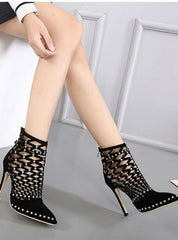 Sandals Rivet Studded Cut Out Caged Ankle Boots Stiletto