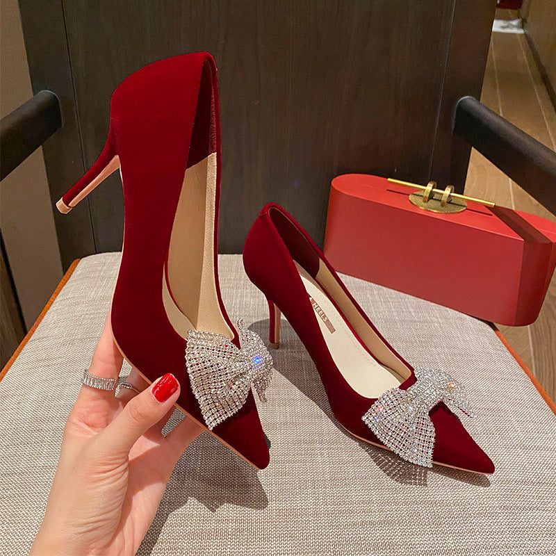 Red High-heeled Bow Wedding Shoes