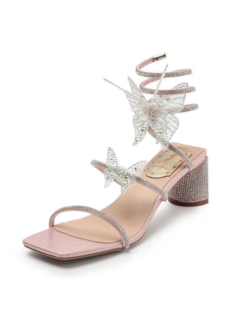 Thick Square Toe Rhinestone Butterfly Sandals