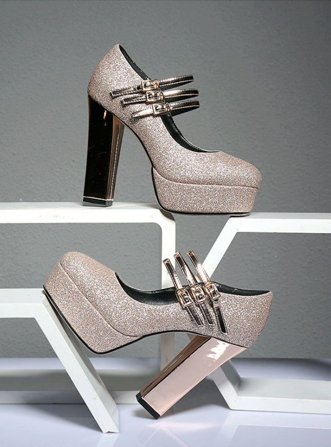 Pumps Platform Square High Heels Buckle Party Shoes