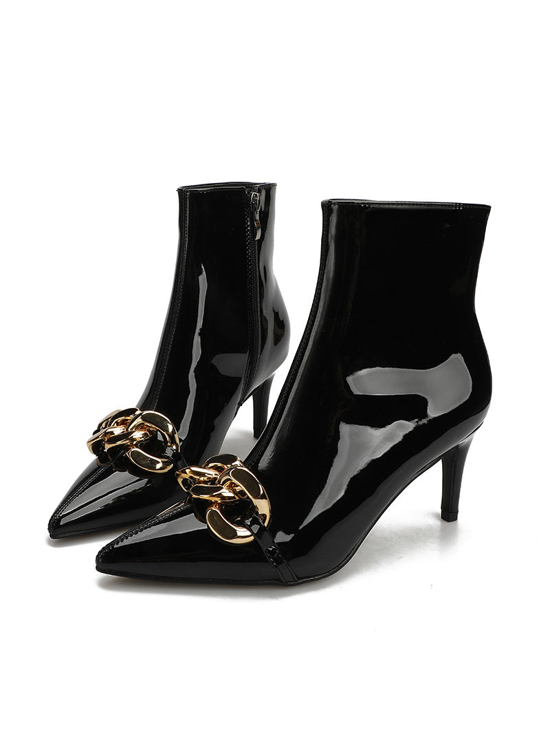 Pointed Patent Leather Metal Chain High Heel Boots