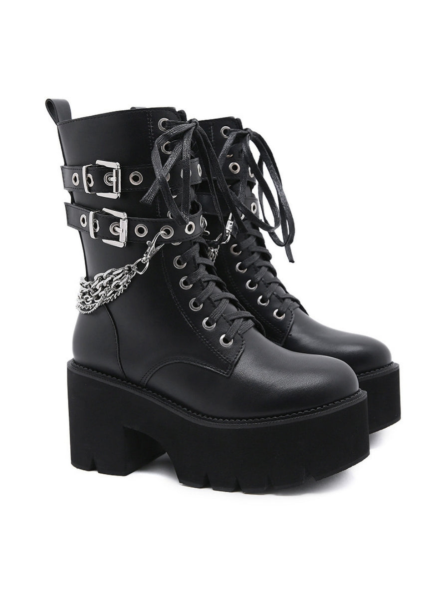 Thick Heel Side Zipper Thick Soled Rivet Belt Buckle Martin Boots