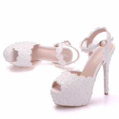 14cm White Lace Stiletto Sandals Wedding Shoes