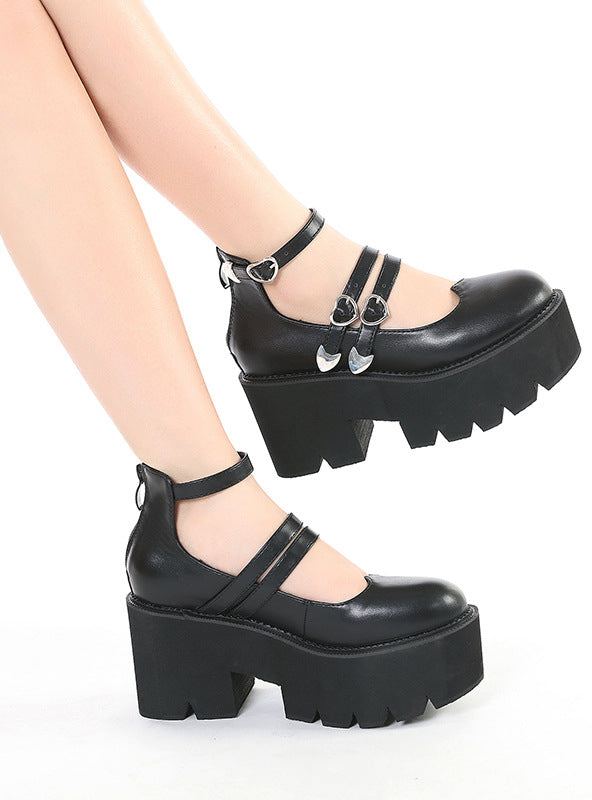 Thick Heel Pump Bottom Buckle Shoes