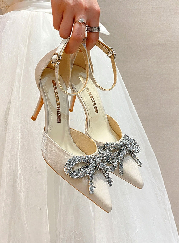 Pointed Rhinestone Bow High Heels