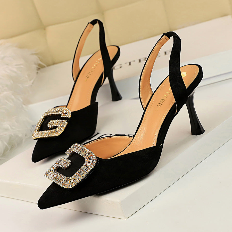 Shallow Pointed Suede Hollow Rhinestone Sandals