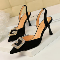 Shallow Pointed Suede Hollow Rhinestone Sandals