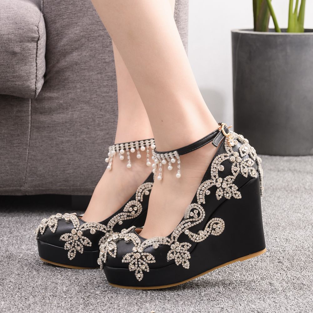 Beaded Tassel Round Toe High Heels Wedding Shoes