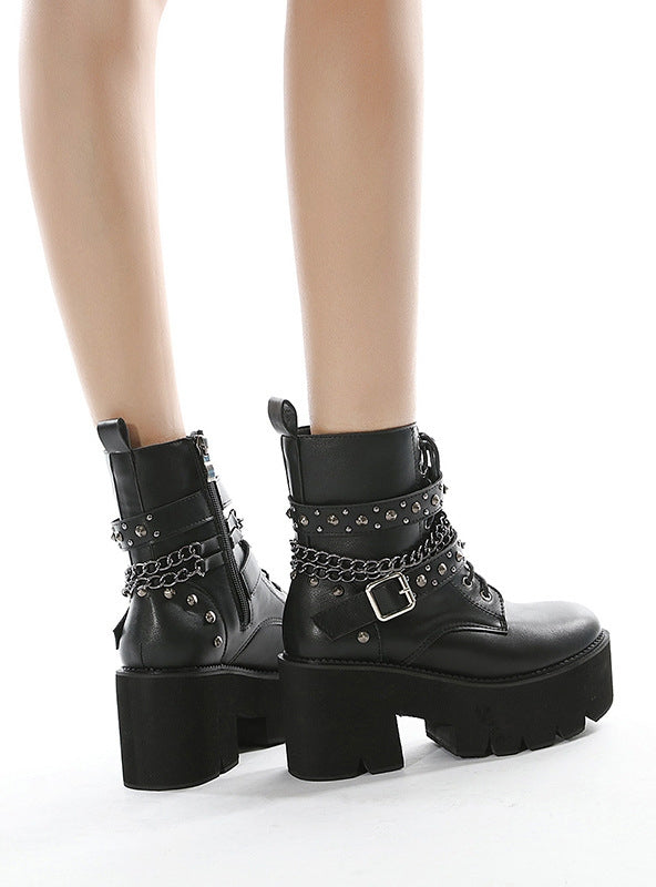 Thick-soled Side Zipper Rivet Chain Martin Boot