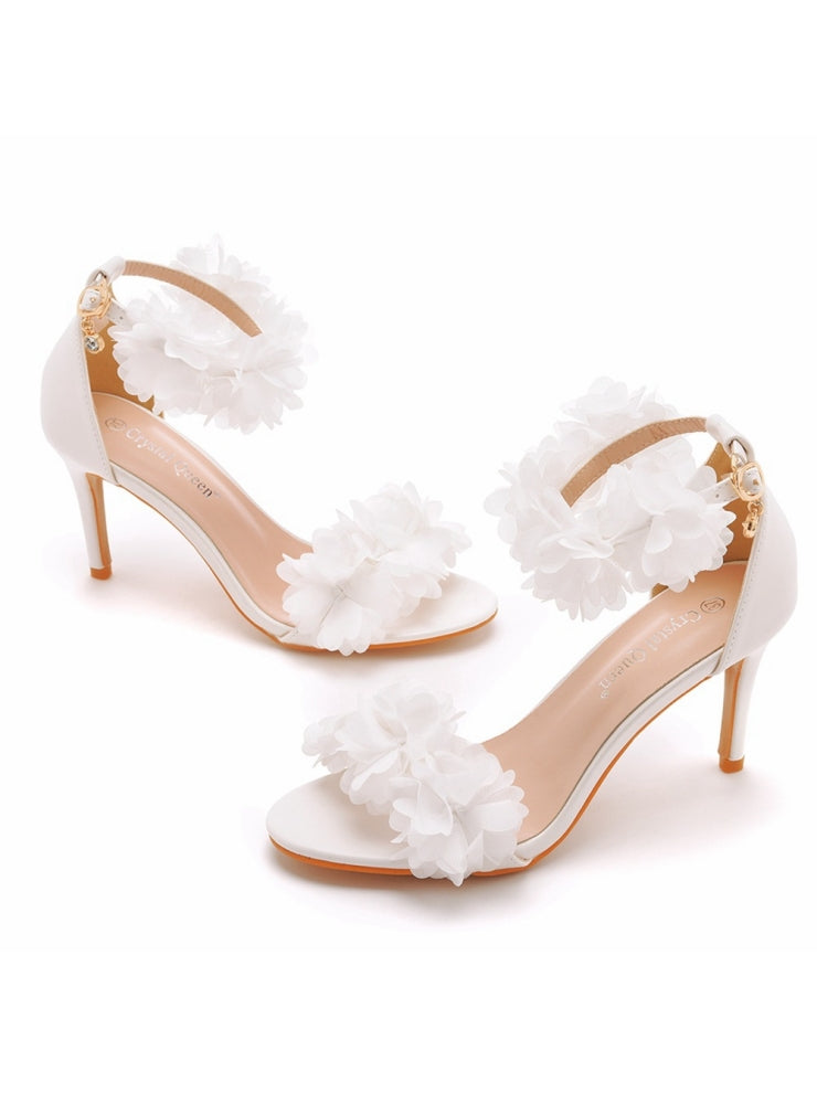 White Flowers Shallow Heels Sandals