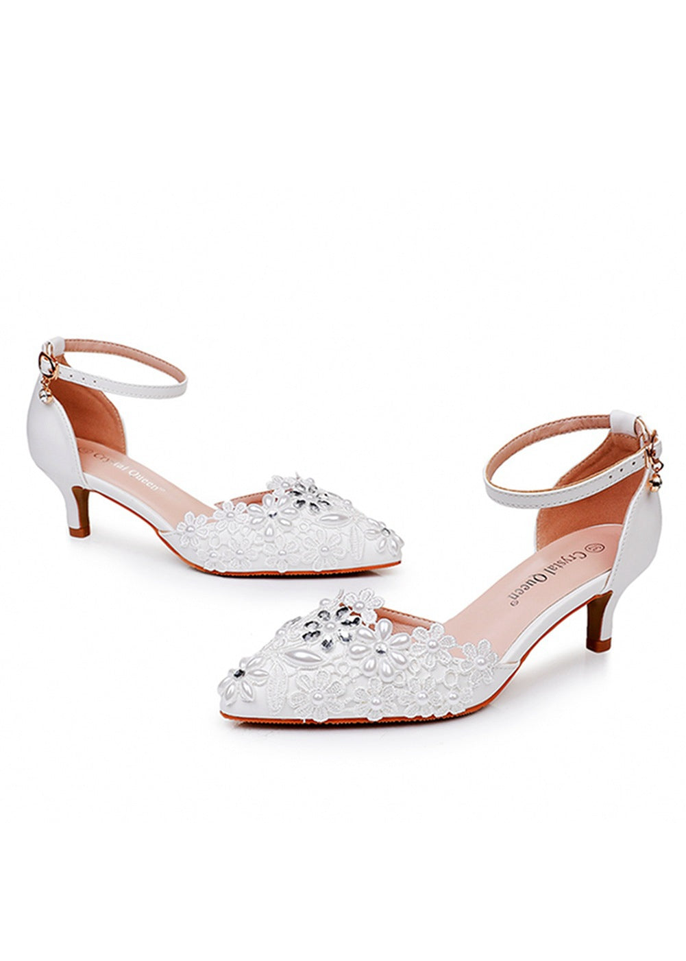 5 cm Thin-heeled Pointed White Lace Sandals