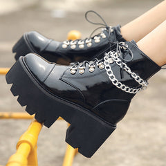 Patent Leather Chain High-heeled Martin Boots