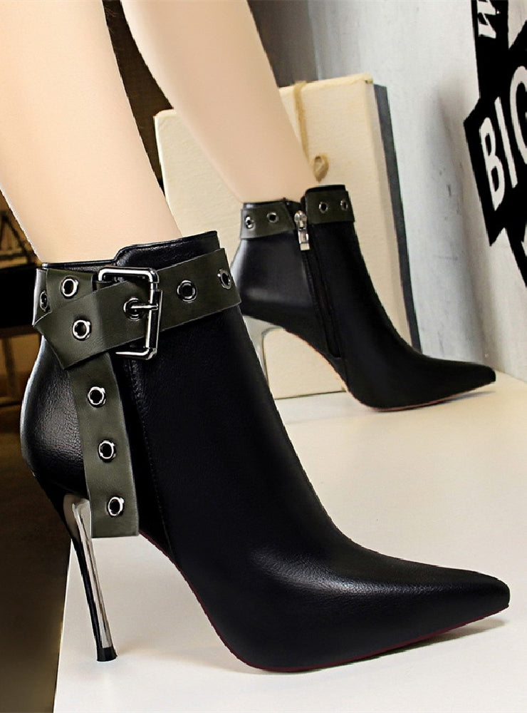 Retro Ultra-high Heel Pointed Rivet Belt Buckle Booties