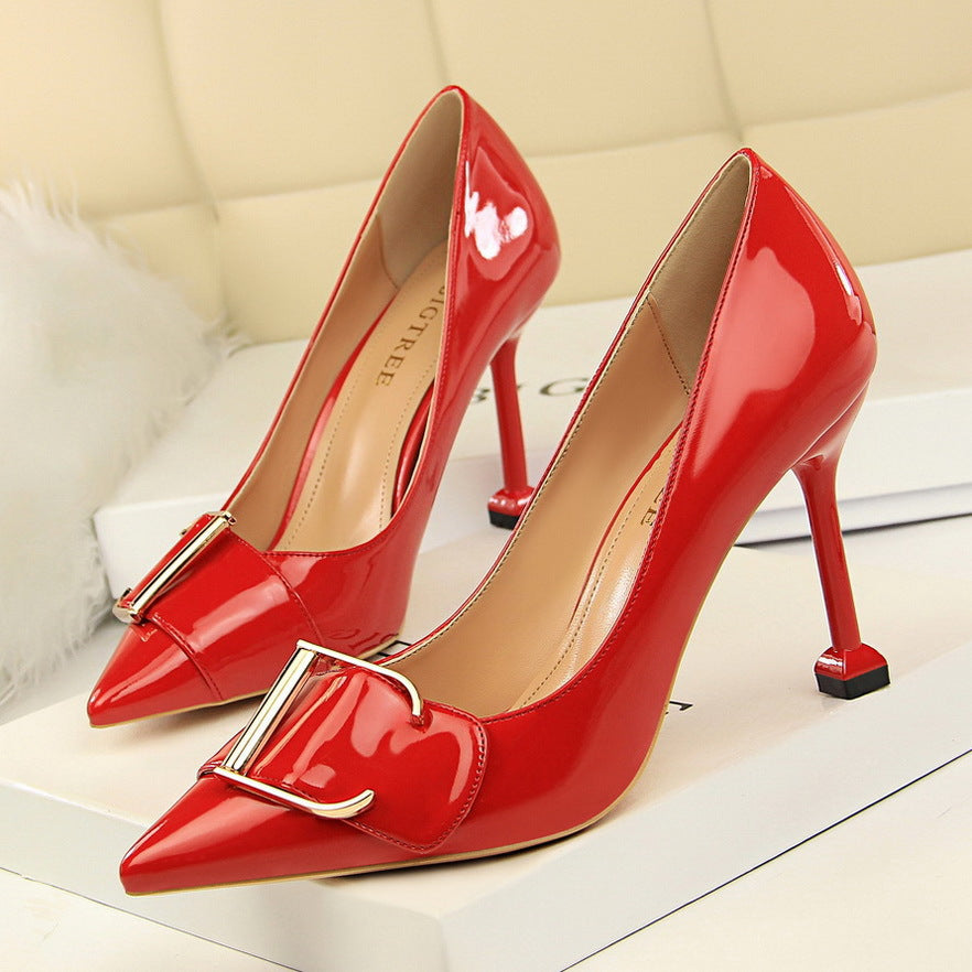 Patent Leather Pointed Metal Belt Buckle Shoes