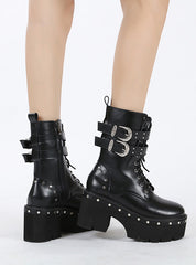 Rivet Middle Tube Belt Buckle Thick Heel Bootie