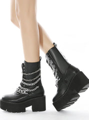 Metal Thick Bottom Zipper Round Head Chain Martin Boots