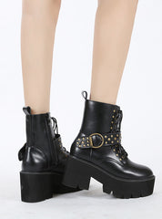 Retro Belt Buckle Rivet Thick Bottom Side Zipper Booties