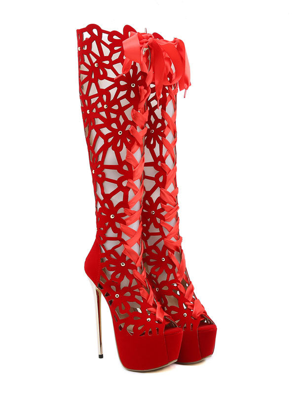 Womens Heels Knee High Boots Peep Toe High Heels