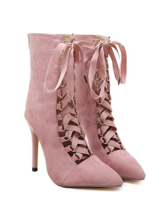 Lace Up High Heels Sandals Pointed Toe Boots