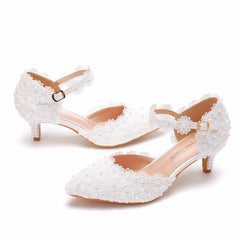 White Lace Pointed Sandals Wedding Shoes