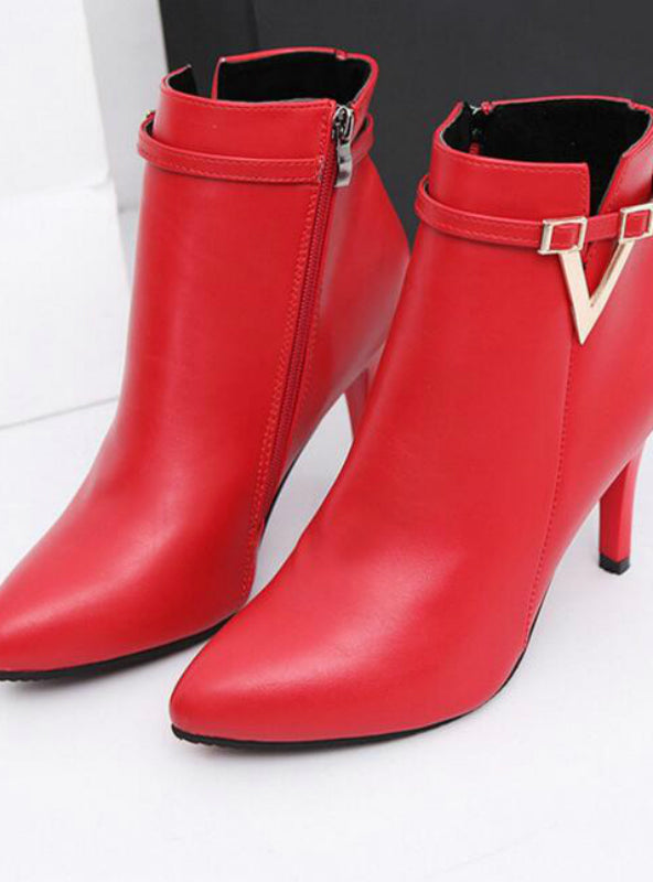 Pointed Toe Faux Leather Zipper Ankle Boots