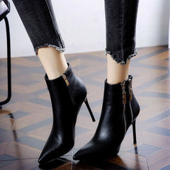 Women's Short Skinny Heel Pointed Leather Boots