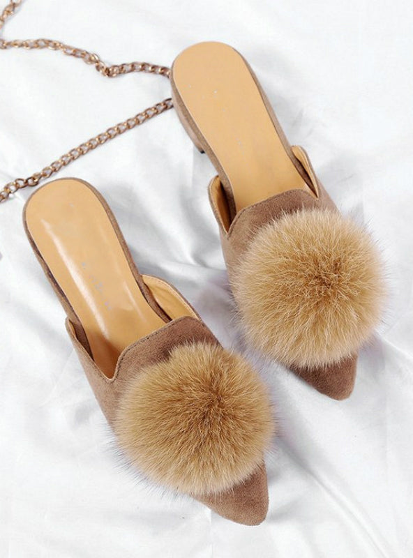 Women Flats Shoes Pompom Faux Fur Pointed Toe