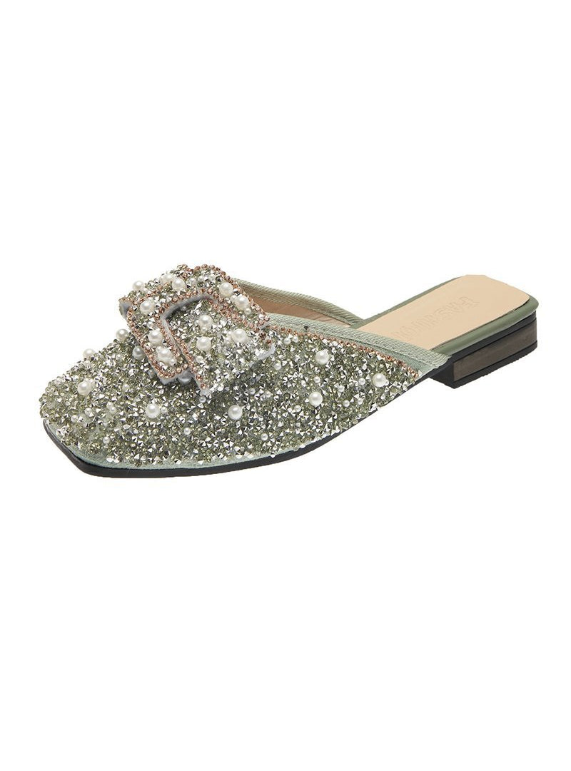 Flat-bottomed Rhinestone Square Bow Slipper