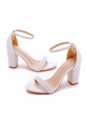 9 cm Thick Heel Square Root Pearl Sandals