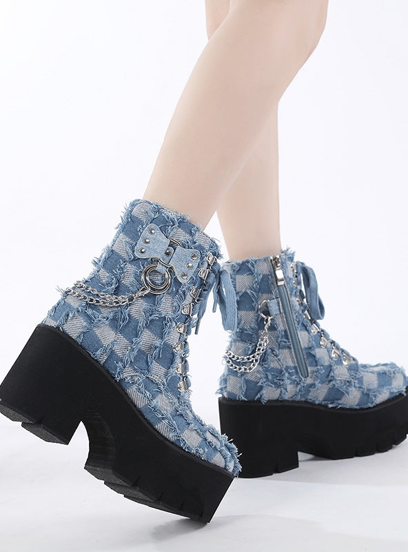 Denim Blue Buckle Side Zipper Boots