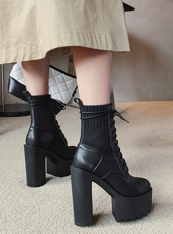 Knitted Elastic Thick Heel Lace-up Martin Boots