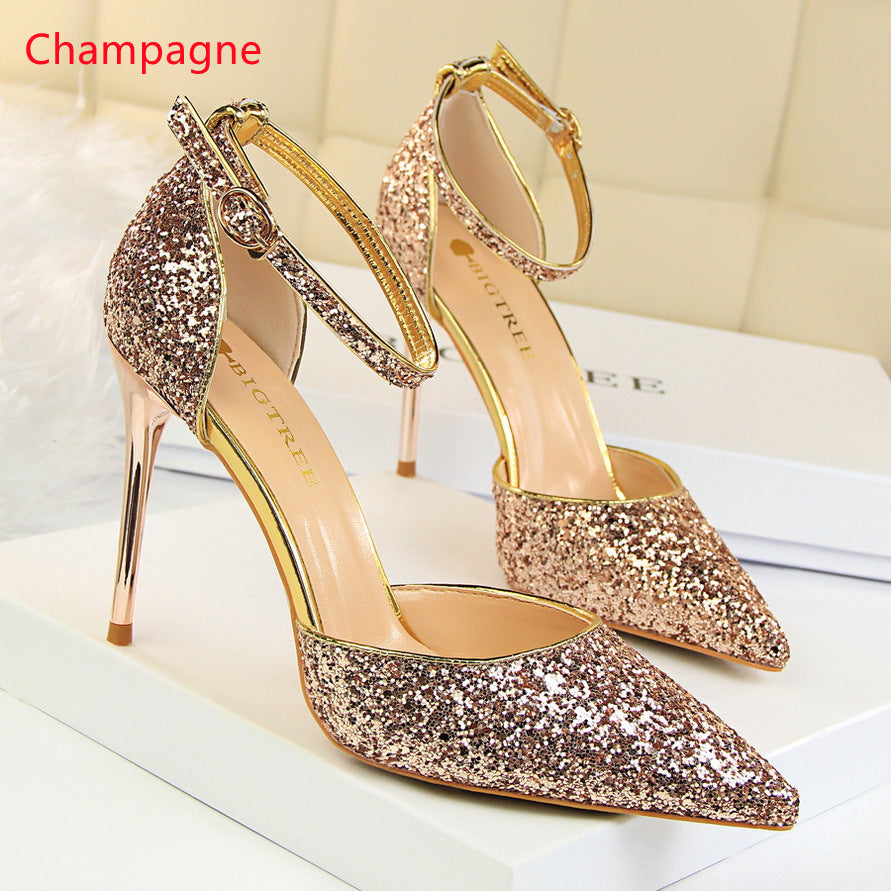 Hollow Sequined Pointed Toe High Heel Sandals